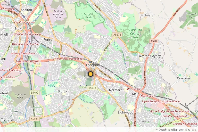地图:仓库位于 Stoke-on-Trent 的 Longton,周边为 Fenton、Meir 与 A50 主干道